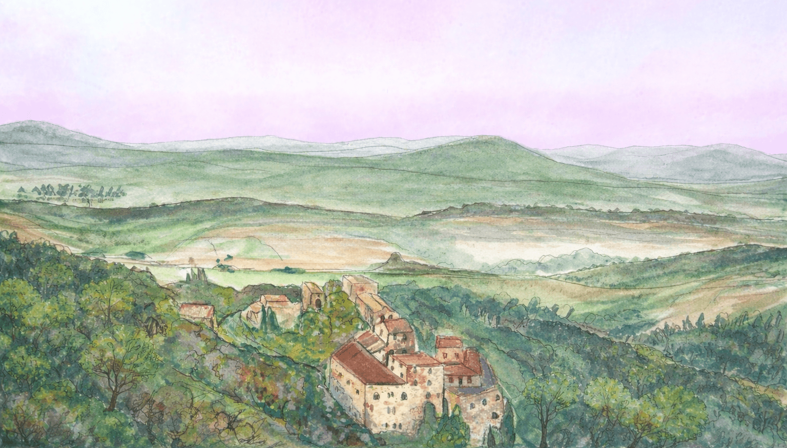 Watercolor Umbrian landscape